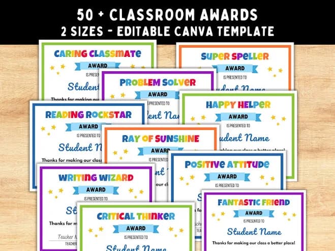 Editable Classroom Awards -- Customizable End of Year Student Certificates -- Editable Canva Template