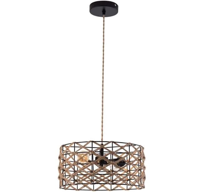OUKANING 12.59 in. 2-Light Brown Bohemian Drum Shaded Pendant Light with Hand-Woven Hemp Rope Shade