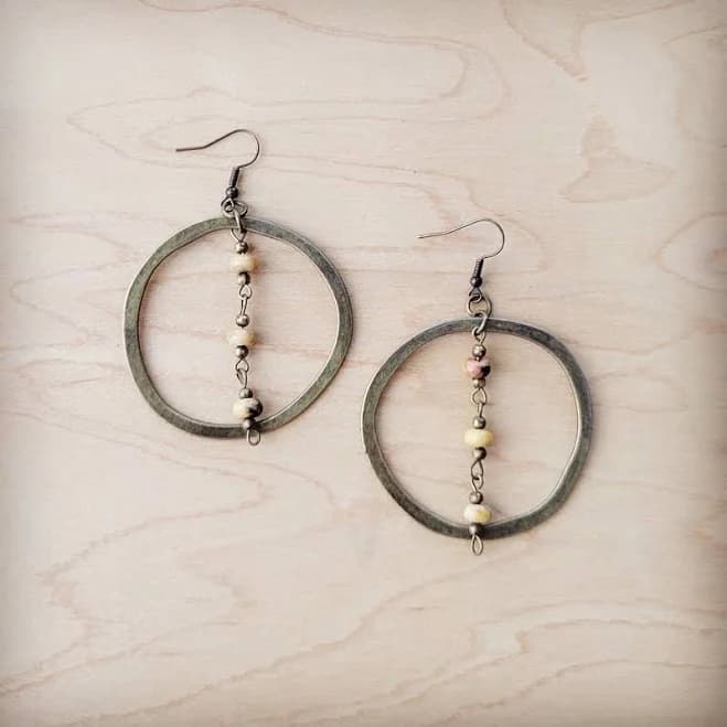 The Jewelry Junkie Western Copper Hoop Earrings w/ Natural Agate Beads 200s