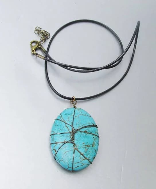 Copper Wire Wrapped Turquoise Pendant Necklace with Leather Cord
