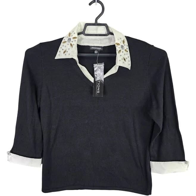 Womens Notations Black Sweater White Rhinestone Collar & Cuffs 3/4