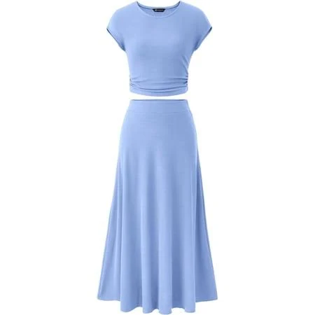 Flmei Women's Dressy Casual Knit Short Sleeve Top and High Waist Skirt Set