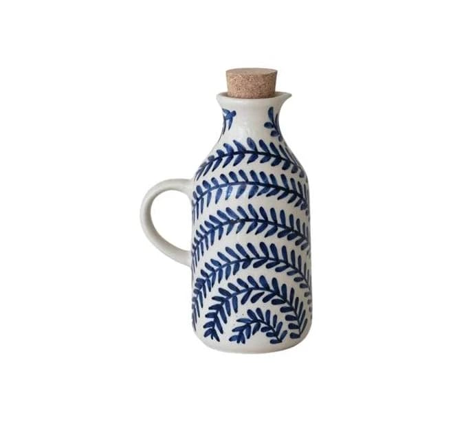 Olive Grove 8 oz. Hand-Painted Stoneware Oil Cruet with Cork Stopper