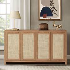 ARKANTOS Rattan Sideboard Buffet Cabinet with Storage, Kitchen Storage Cabinet with 4-Doors, Natural Oak - Walmart Business Supplies