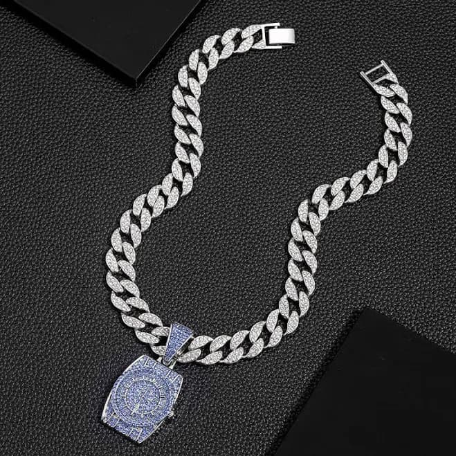 Men's Jewelry Blue Diamond Watch Pendant Chain, Fashionable Cuban Necklace