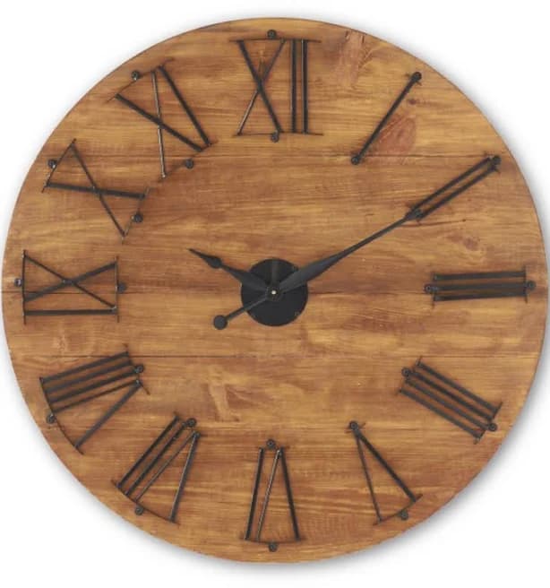 K&K Interiors 35.5 Inch Dark Mango Wood Wall Clock with Black Metal Roman Numerals