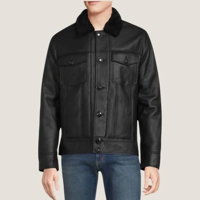 Lambskin Leather Vintage Bomber Jacket with Shearling Collar