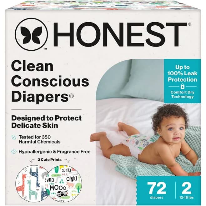 The Honest Company Disposable Diapers Giraffes + Barnyard Babies Size 2 72ct