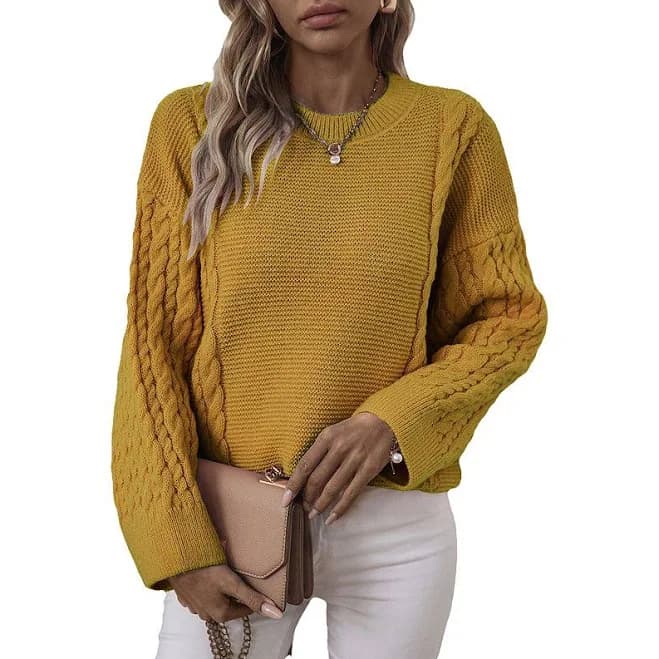 Women's Long Sleeve Crew Neck Sweaters Solid Color Tops Cable Knit Chunky Casual Pullover, Size: XL, Yellow