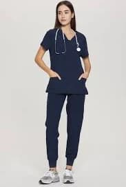 COZYFIT V-Neck Collar Patch Scrub Top & Cargo Pants with 10 Pockets - Navy Blue / 2XL