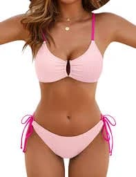 Womens Cheeky High Cut Color Block Textured U-Wire Sexy 2 Piece Bikini Sets - pink / M