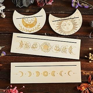 Blulu Wooden Tarot Card Stand Holder, 4 Pcs Moon Phase Altar Stand, Moon Shape Rectangle Card Display for Lenormand Oracle, Witch Divination Tools(Elegant Style)