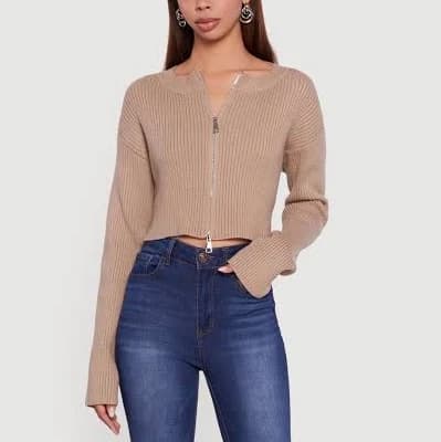 Womens Ribbed Knit Long Sleeve Zip Front Cropped Sweater, Stone, Size XL - Rainbow Shops