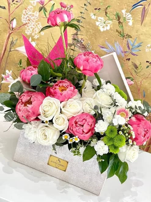 PEONIES AND WHITE ROSES