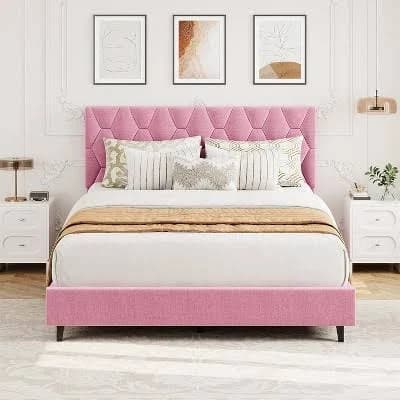Pink Queen Bed Frame with Upholstered Headboard