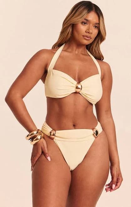 PrettyLittleThing Women's Halterneck Linen Bikini Top with Gold Trim