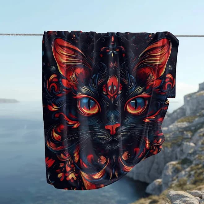 Dark Cat Velveteen Plush Blanket, Black and Red Cat Design, Marikeko Style, Cozy Throw Blanket, Soft Fleece Bedding, Cat Design Blanket Gift