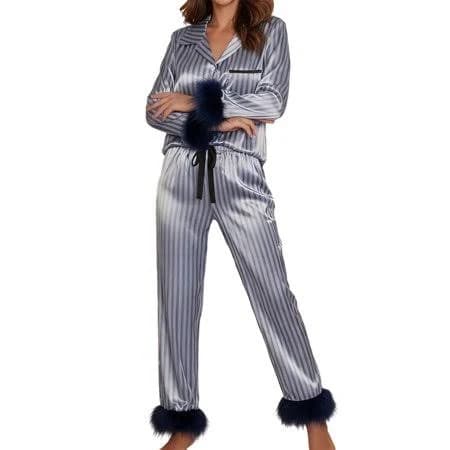 Women's Striped Satin Pajamas Set with Fur Trim
