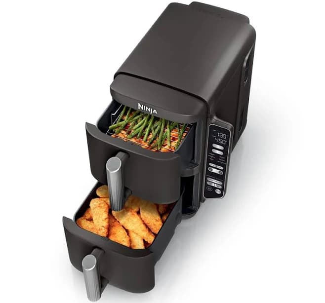 Ninja DoubleStack 2-Basket Air Fryer, DoubleStack Technology Cooks 4 Foods at Once, Space Saving Design, 8 QT, 6-in-1, Smart Finish & Match Cook, Air Fry, Broil, Bake, Easy Meals & Clean, Black, SL201
