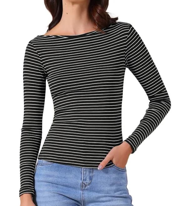 Daring Diva Women's Striped Long Sleeve Boat Neck T-Shirt