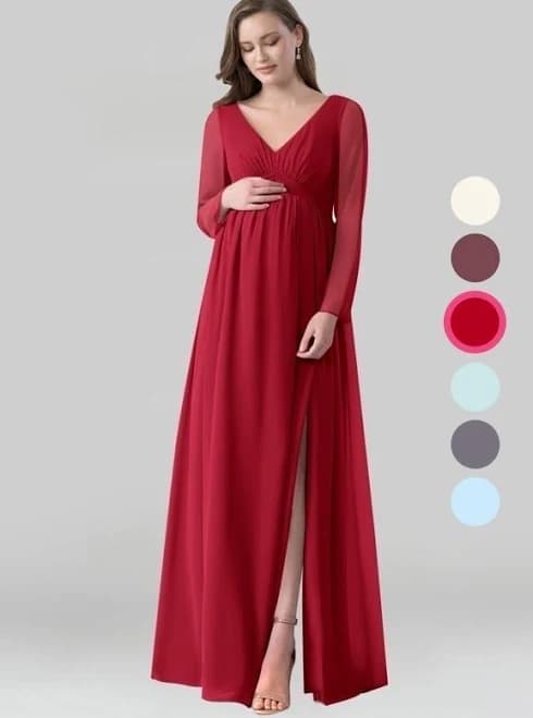 Azazie A-Line/Princess V-Neck Long Sleeve Floor-Length Chiffon Maternity Bridesmaid Dresses