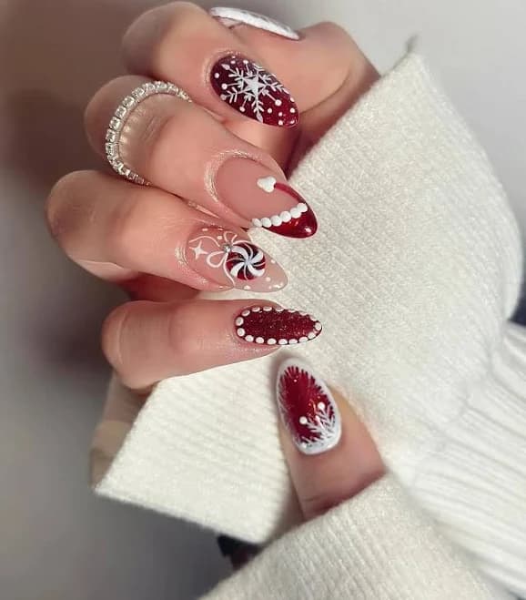 Handmade Red Glitter Candy Cane Snowflake Winter Christmas Press On Nails