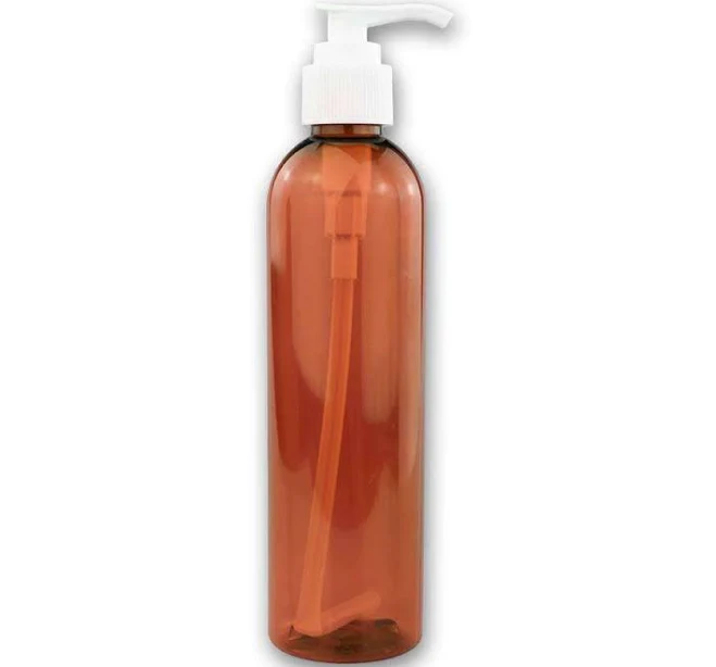 8 oz Amber PET Plastic Cosmo Bottle w/ White Pump Top