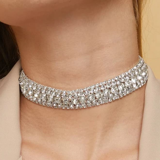 Elegant Silver Diamond Rhinestone Choker Necklace