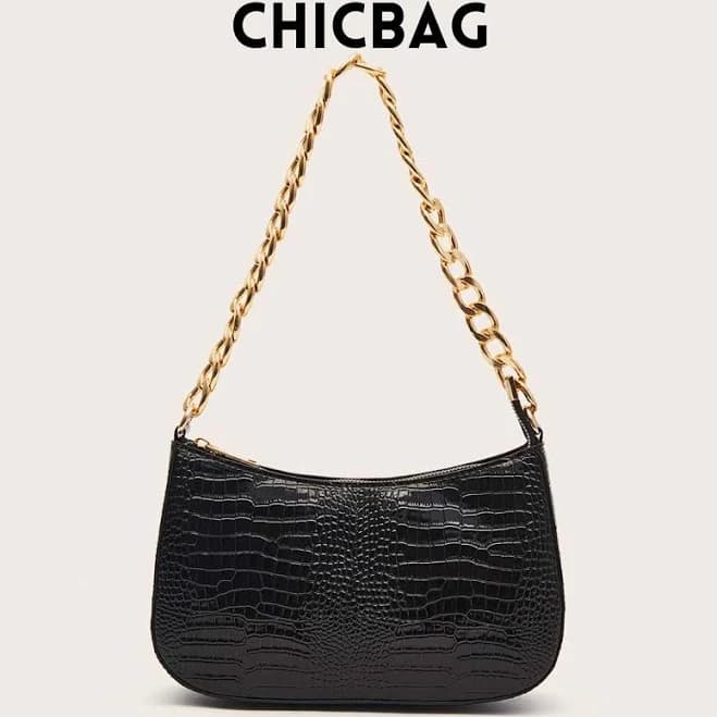 Elegant Faux Leather Crocodile Shoulder Bag with Gold Chain Strap