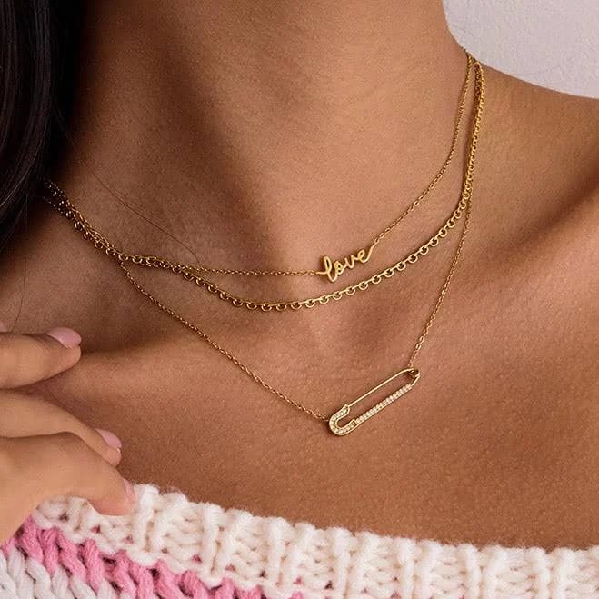 18K Gold Dainty Chain Layered Safety Pin Necklace
