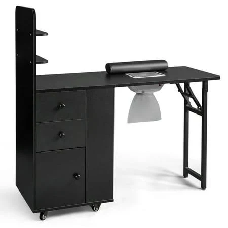 Zimtown Foldable Nail Table with Dust Collector, 2 Shelves, Wheels, and Drawers