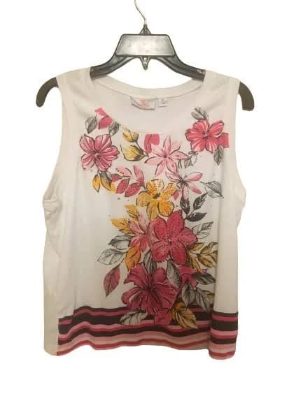 Quacker Factory Women White Tank Top Pink And Orange Embellished