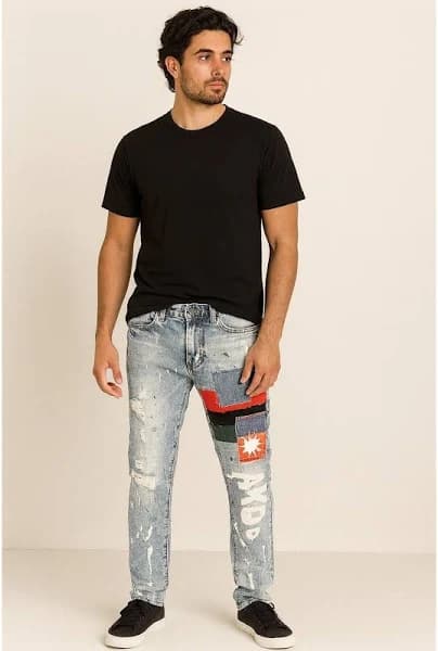Akoo Men's Distressed Patchwork Paint Splatter Jeans