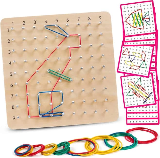 Wooden Geoboard With Pattern Cards & Rubber Bands, Montessori Stem