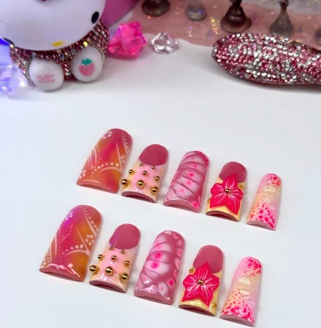 Floral Pink & Yellow 3D Acrylic Press On Nails