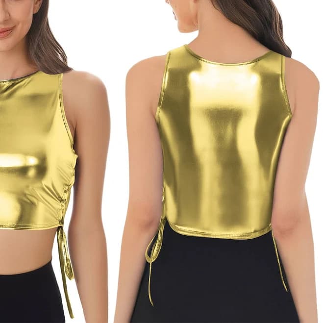 Womens Metallic Shiny Tank Tops Lace-up Crop Tops Backless Sport Vest