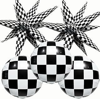 Black White Checkered Explosion Star Foil Balloon |Black and White Checkered Round Ball Balloons for boys birthday party,Race-themed birthday party,Las Vegas Casino party,Father's Day party decor