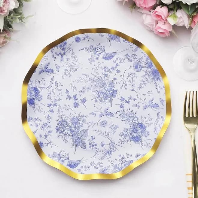 25-Pack Paper Round Dinner Plates 10" In White With Blue French Toile Pattern & Gold Wavy Rim - Disposable 350Gsm Party Plates - Wholesale by