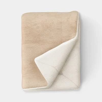 Solid Plush Throw Blanket with Faux Shearling Reverse