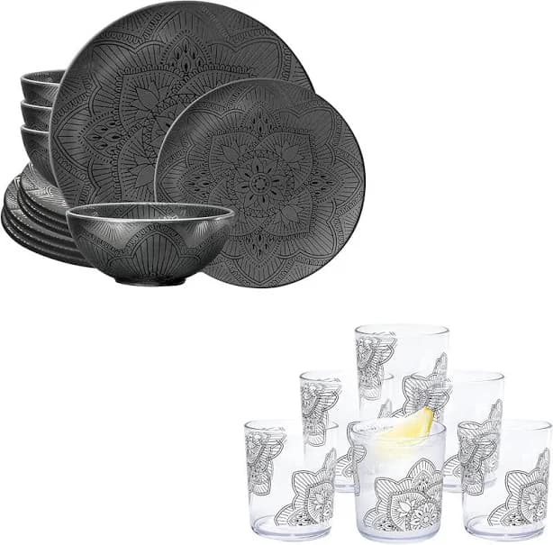 Lala Mandala Black 12-piece Dinnerware Set & 6-piece Tumbler Set