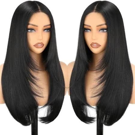 Black Synthetic Layered Wig 24 Inch Straight Middle Part Glueless Lace Front Wear and Go Pre Cut Wig For Women