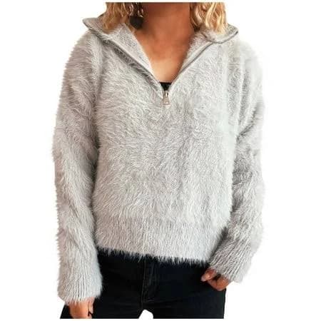 Women's Fluffy Fuzzy Faux Fur Quarter Zip Pullover