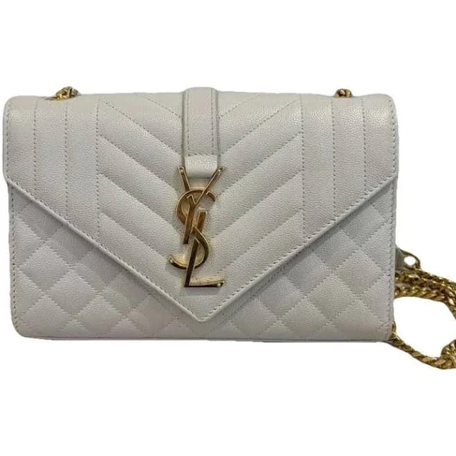 Saint Laurent Medium Grain de Poudre Triquilt Monogram Envelope Bag - White