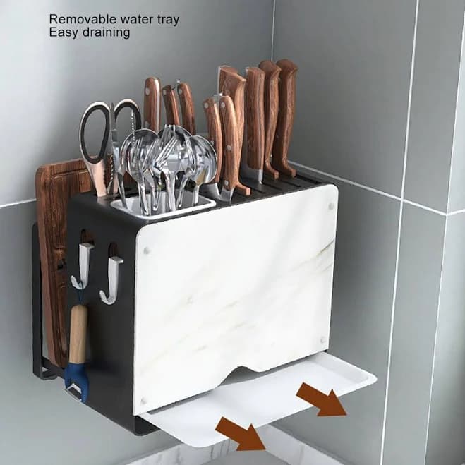 Multifunctional Knife Block with Green Frame, White Cutting Board, and Pot