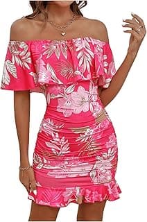 Women's Off Shoulder Ruffle Trim Short Sleeve Tropical Print Bodycon Dress