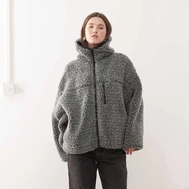 Weekday Oversized Borg Zip Fleece with Hood