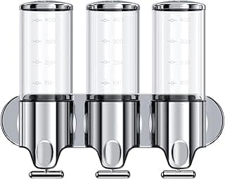 Stainless Steel Drill Free Triple Wall Mount Soap Dispenser Set Shower Bathroom Pump, 3 x 500ML Shampoo Conditioner, Adhesive Reusable Luxury Organizer Declutter Spring Cleaning Gift Idea Fathers Day