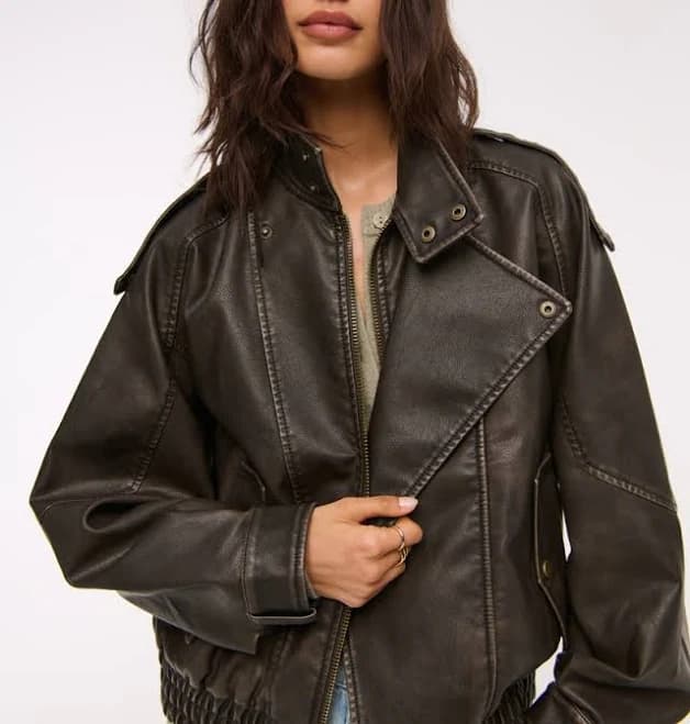 Abercrombie & Fitch Women's Relaxed Mockneck Vegan Leather Bomber Jacket