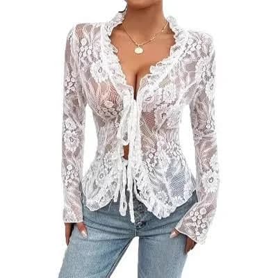 Coolmee Women's Floral Lace Sheer Long Bell Sleeve Tee