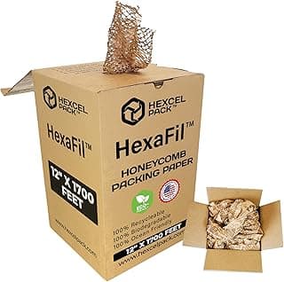 HexcelPack HexaFil Honeycomb Packing Paper - Eco-Friendly, Sustainable Filler for Shipping and Moving, Cushioned Packing Material in Dispenser Box, Alternative to Bubble Wrap - Natural, 12" x 1700'